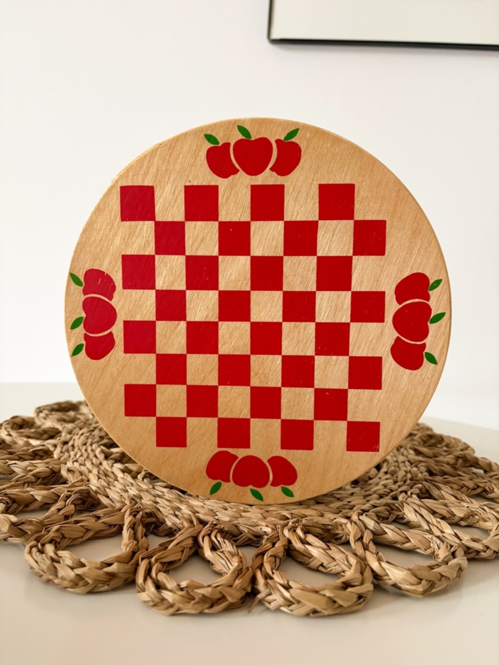 Vintage Round Wooden Bentwood Checkerboard Cheesebox with Red Apple Motif